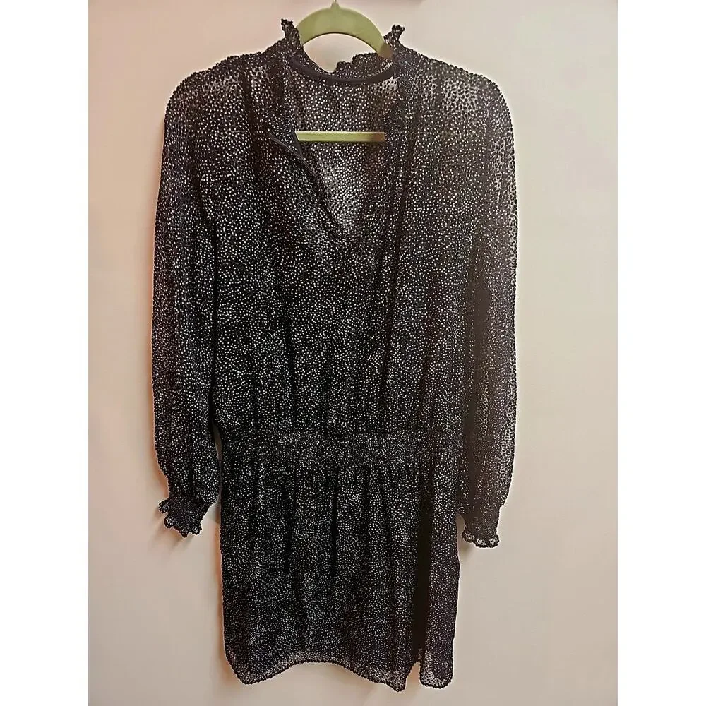 White House Black Market Polka Dot Long Sheer Gathered Sleeve,Shirred Waist SZ L